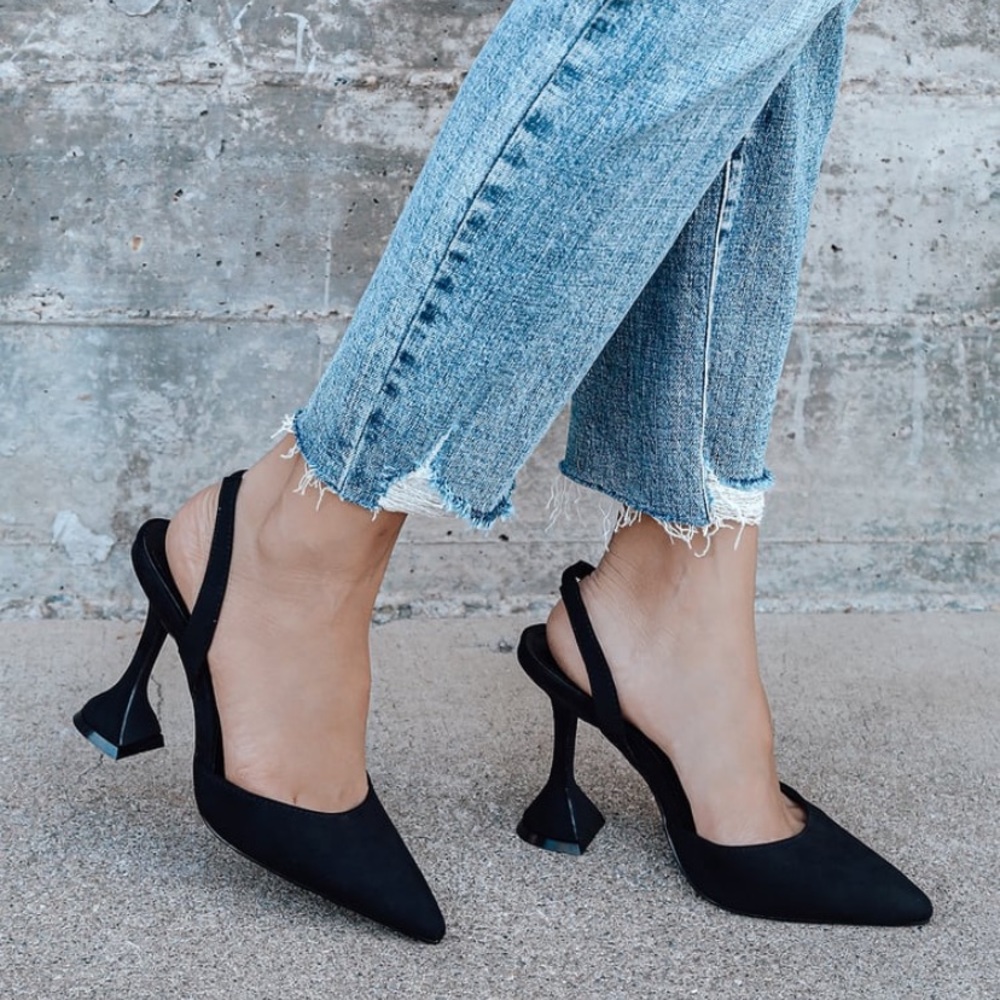 Black Suede Pointed-Toe Slingback Pumps